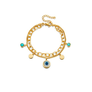 European American Style Double Layer Gold Bracelet With Blue Eye And Turquoise Charms Unisex Gift Jewelry - Product Image 4