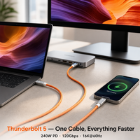 Câble USB-C Thunderbolt 5 240W PD à charge rapide, transfert de données 120 Gbit/s, vidéo 16K, gaine en nylon tressé orange pour téléphone et ordinateur portable OEM
