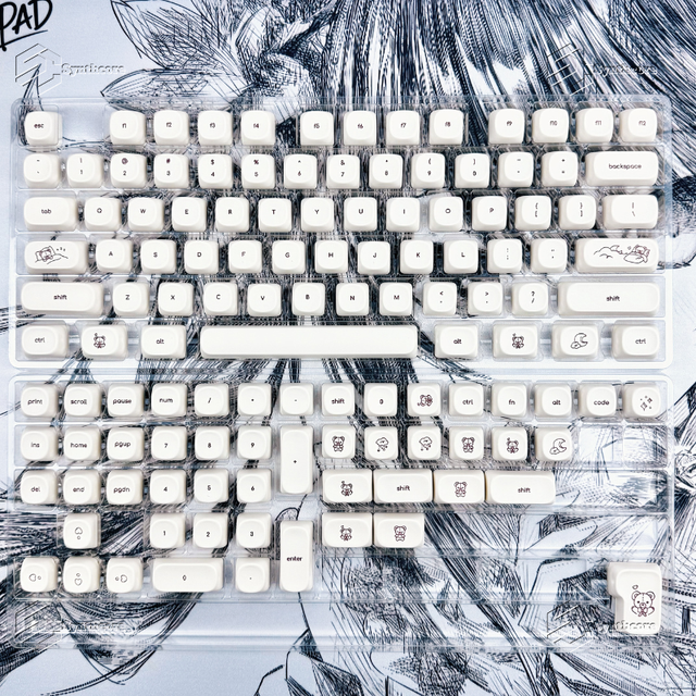 Milky White Bear Keycaps MOA Profile Cute Keycaps PBT Dye Sublimation Keycap Set for Mx Mechanical Keyboard 61/64/84/87/104/108
