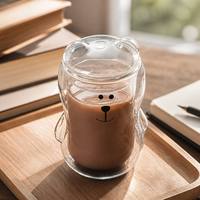 Tasse en verre borosilicate soufflé à la main en forme d'ours, à double paroi isolante, avec couvercle en forme d'ours, design bicolore, pour thé au lait et café