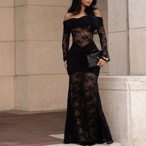 Nuevo Vestido de Otoño Invierno con Hombros Descubiertos, Encaje, Patchwork, Sexy, para Fiesta, Plisado, Ajustado, Maxi - Product Image 3