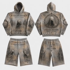 Ensemble de survêtement surdimensionné personnalisé en coton 100% 450 GSM, effet délavé soleil, imprimé graphique, coupe ample, streetwear pour homme - Product Image 1