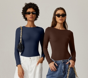 Body de manga larga con cuello redondo y corte alto, ajustado, de doble forro, estilo camiseta básica, adelgazante, para uso diario, superventas para mujer - Product Image 3