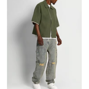 <span class=keywords><strong>Camicia</strong></span> da Lavoro Personalizzata in Tessuto Scamosciato con Doppia Cerniera, Mezza Manica, Colletto a V, Vendita all'Ingrosso, Abbigliamento Maschile - Product Image 5