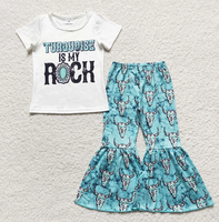 Ensemble 2 pièces pour petites filles Western Cowgirl, imprimé tête de taureau et cactus, manches courtes, pantalon à volants et bas évasé
