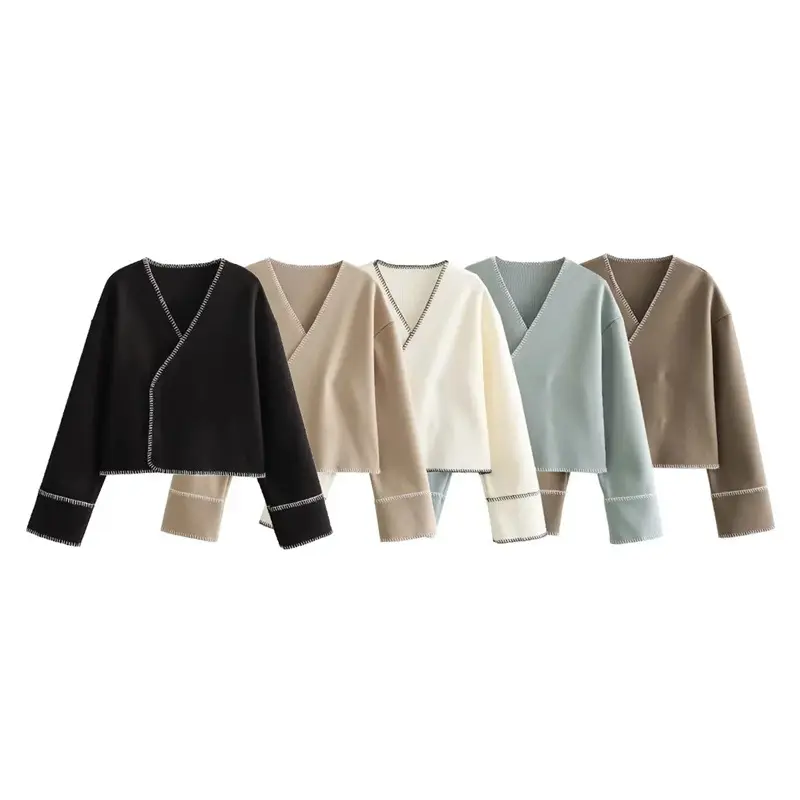 ZA- Women 2023 autumn New Fashion 5 color line decoration Coat Vintage Long Sleeve Female Outerwear Chic Overshirt