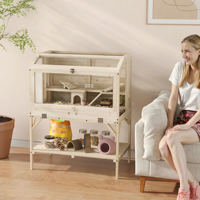 Cage pour petits animaux en bois de sapin écologique moderne, nichoir surélevé pour hamster avec étagère de rangement, toit ouvrable et fenêtre de vue pour le jeu