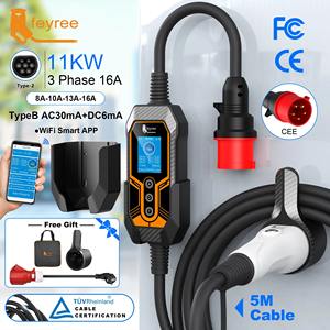 Cargador Portátil para Vehículos Eléctricos Feyree de 11KW, Trifásico, Tipo 2, con Soporte de Pared, 16A, Control por WiFi y Aplicación, Adaptador de Caja de Carga EVSE para Automóviles Eléctricos - Product Image 1