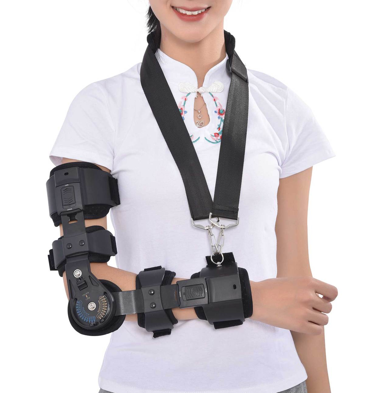 Hinged Elbow Brace Adjustable Telescoping ROM Post Op Arm Splint with Sling Stabilizer for Dislocatedand & Shoulder Strap