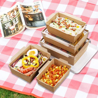 Boîte à lunch en papier kraft jetable, bol en papier rectangulaire, boîte à repas légère, boîte à lunch avec couvercle transparent
