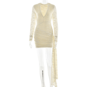 Vestido de noche ajustado con cuello en V para mujer, de color liso con encaje y abertura - Product Image 5
