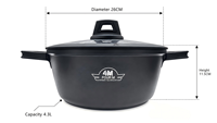 Casserole FourM 26 cm en granit noir antiadhésif, en fonte d'aluminium, avec couvercle en verre trempé, fond en acier inoxydable compatible induction, écologique