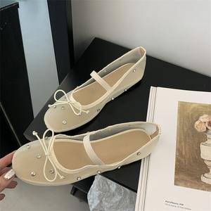 Nouvelles chaussures plates pour femmes, style ballerines, en tissu résille orné de strass, respirantes, à bout rond, avec nœud, décontractées - Product Image 2