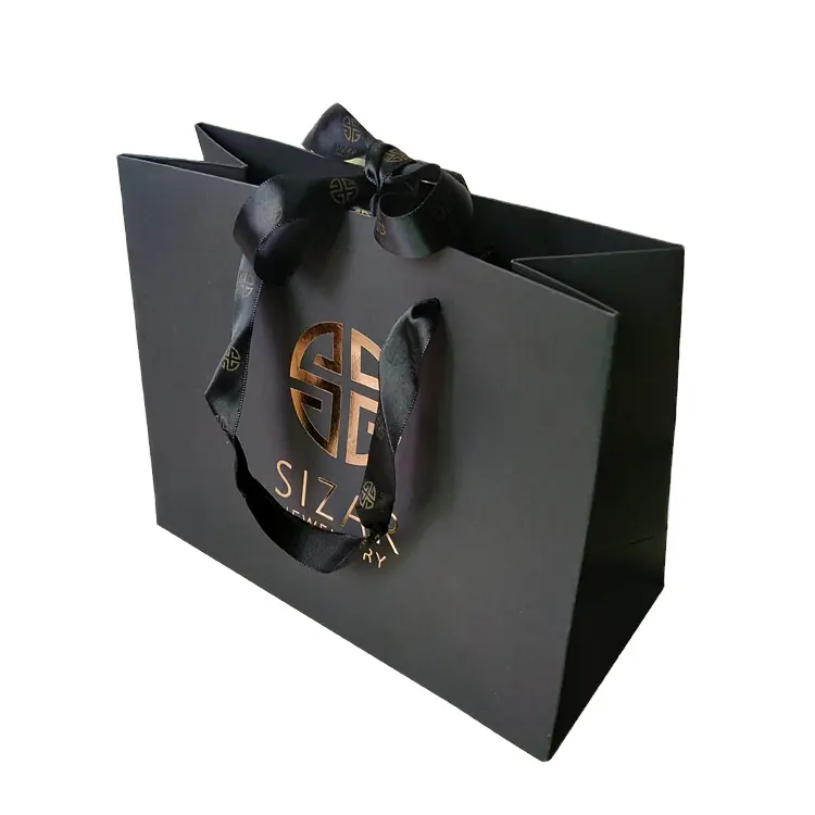 OEM 포장 제조업체 맞춤형 인쇄 골드 로고 매트 리본 손잡이가있는 블랙 럭셔리 종이 가방