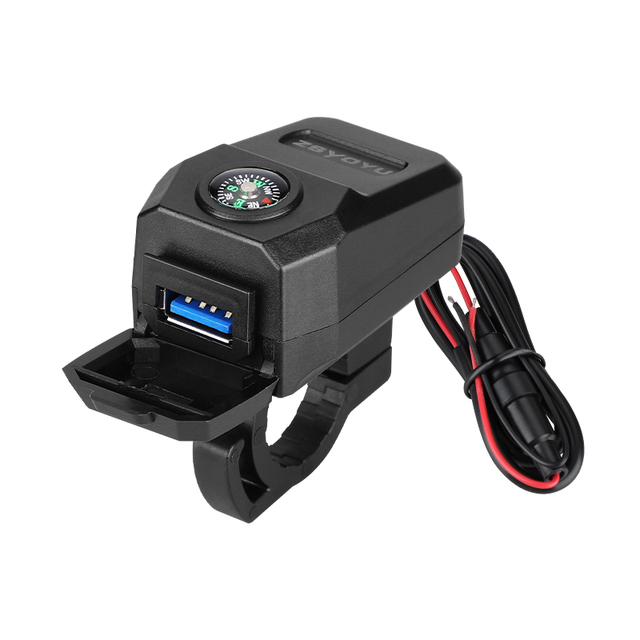 Motorbike Car 36W Fast USB Charger 24V~90V Waterproof with Compass for Handlebar Rearview Mirror Mount Phone Charging Adapter
