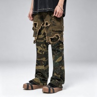 SOONREE Pantalon Camouflage Homme Personnalisé de Haute Qualité, Jean à Rayures Superposées et Paillettes, Cargo Effet Vieilli, Vente Directe Usine