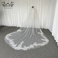 Voile de mariée Feishiluo en polyester 100% ivoire, monocouche, style cathédrale, 3,5 mètres de long, avec applique florale en dentelle et peigne