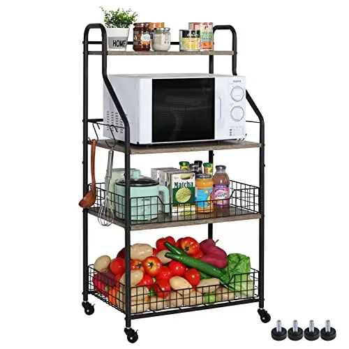 4 Tier Rolling Kitchen Bakers Rack with Storage 5 S Hooks Utility Cart with Shelves Wire Basket Microwave Oven Stand