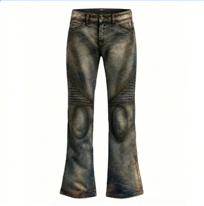 Conjunto de dos piezas de mezclilla vintage desgastada para <span class=keywords><strong>mujer</strong></span> Wangsheng: Chaqueta con cremallera y cuello alto y pantalones acampanados con costuras en las rodillas - Product Image 5