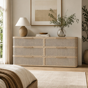 Cómoda Japandi Premium de Roble Blanco Macizo con 6 Cajones e Incrustaciones de Ratán, Perfil Curvo de Lujo, Estilo Arquitectónico Moderno Orgánico - Product Image 1