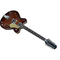Gitar Elektrik Profesional 12 Senar Brown Tiger Bright Full Hollow F Hole Retro Kayu Maple & Linden Pasif Tertutup