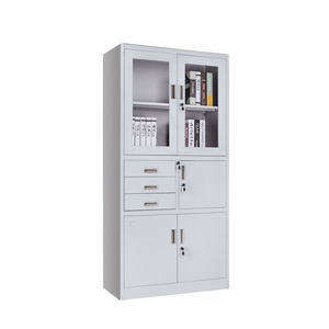 Armoire de rangement en acier au design moderne avec 3 tiroirs et portes vitrées semi-battantes pour écoles, gymnases, ateliers, hôpitaux, supermarchés, salles à manger - Product Image 2
