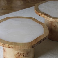 Grande Table Basse Nordique Ronde Moderne en Bois Nuage de Base Onyx Blanc Brillant, Marbre Imbriqué