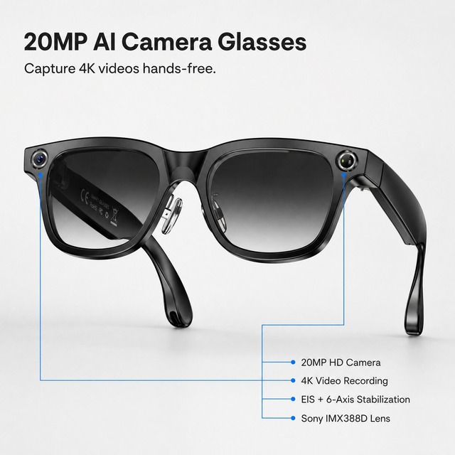 AI Smart Glasses Camera 20MP 4K Video Recording Real Time Translation Noise Cancelling App Control for Wireless Photochromic