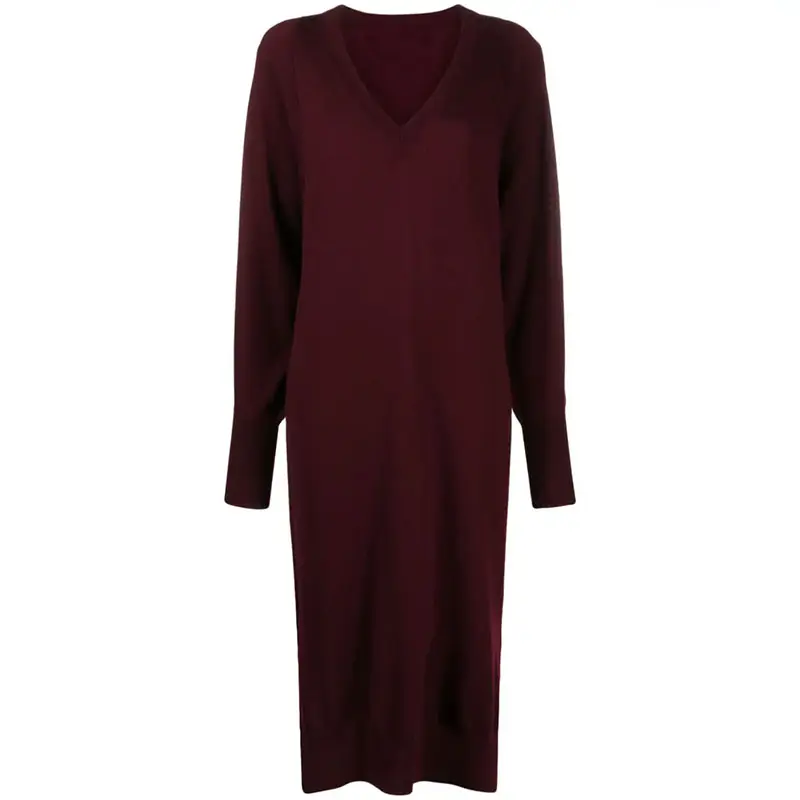 Vêtements pour femmes très vendus Robe pull marron à manches longues et col en V personnalisée