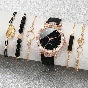 6132 baru jam tangan wanita jam tangan modis kuarsa Dial berbintang jam tangan hitam Analog berlian imitasi elegan & 5 buah gelang hati daun