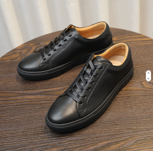 Black Genuine <b>Leather</b> Lace-up <b>Sneakers</b> Round Toe Rubber Outsole EVA Midsole All Seasons Style - Product Image 4