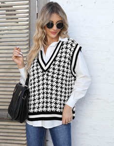 Gilet tricoté pull filles col en V <span class=keywords><strong>sans</strong></span> manches épais Vintage treillis pull costumes côtes gilet femmes <span class=keywords><strong>pied</strong></span> <span class=keywords><strong>de</strong></span> <span class=keywords><strong>poule</strong></span> lâche Chic hauts - Product Image 4