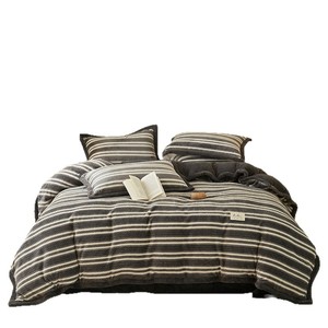 <b>Striped</b> Milk Velvet Duvet Cover Set 4 Pcs Winter Warmth Home Use - Product Image 2