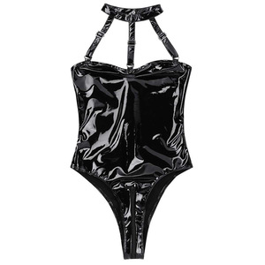 Catsuit de cuero PVC de una pieza con aspecto mojado para mujer, mono de leotardo de peluche con entrepierna abierta y cremallera, lencería Sexy - Product Image 4
