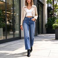 Celana Jeans Wanita High Waist Model Whisker Warna Pudar untuk Kedai Buku di Hari Gugur
