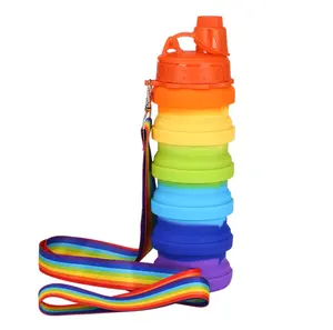 Spot silicone water bottles for cross-border supply ins rainbow color extendable children's water bottles with straps