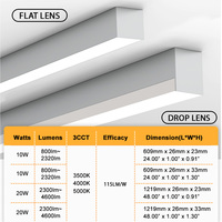 Barre lumineuse linéaire LED suspendue pour plafond, homologuée UL, à usage commercial, 1 pilote pour 4 modules d'éclairage, pour une éclairage continue et sans intermissions.