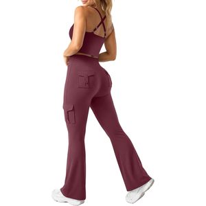Conjunto Deportivo de 2 Piezas para Mujer, Camiseta Deportiva con Espalda Cruzada y Leggings Ajustados con Bolsillos, Ropa de Gimnasio y Yoga, Spandex, Poliéster, Transpirable - Product Image 1