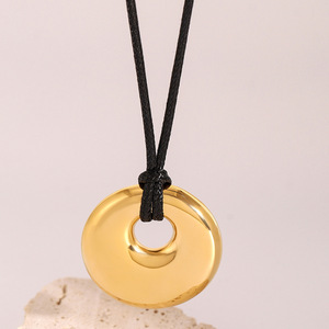 Stainless Steel Round Pendant With <b>Polished</b> Finish <b>Black</b> Waxed Cord Gift Jewelry - Product Image 2