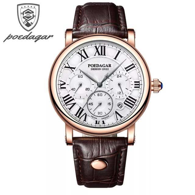 POEDAGAR Fashion Leather Waterproof Quartz Watch for Men Luxury Man Watch Sport Classic Date Wristwatch 986