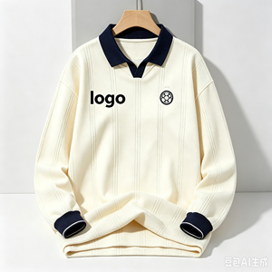 Suéter de punto color crema para hombre, de manga larga, con cuello y puños azul marino, logotipo bordado en la parte delantera, para primavera. - Product Image 5