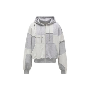 Sweat à capuche zippé 100 % coton patchwork pour homme, avec rivets décoratifs, blocs de couleur, coupe ample et courte, style streetwear - Product Image 1