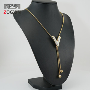 ZOGXIN Letter V Pendant Necklace Stainless Steel Gold Plated Long Chain Women's Fashion Jewelry Party Accessory - Product Image 1