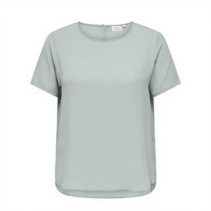 T-shirt en viscose et mousseline vert clair pour femme, col rond, manches courtes, coupe ample, décontracté, respirant, longueur normale, couleur unie - Product Image 2