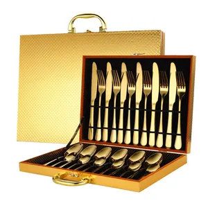 Bộ Dao Kéo Vàng 24 Chiếc Sang Trọng Flatware Bộ Đồ Ăn Bằng Kim Loại Thép Không Gỉ Bộ Dao Nĩa Muỗng Bộ Đồ Ăn Bằng Bạc Với Hộp Gỗ