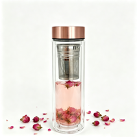 Bouteille d'eau en verre à double paroi, gobelet en verre borosilicate avec couvercle en acier inoxydable rose doré, résistant à la chaleur pour une beauté saine