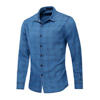 Eigene Stickerei Logo Mode Lässig Woven Kleidung 100% Baumwolle Stoff Fit Langarm Männlichen Gedruckt Männer Denim Shirts