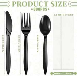 طقم منديل وشوكة سكين سوداء ملفوفة بشكل فردي أواني بلاستيكية - Product Image 2