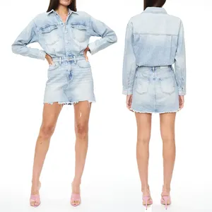 Hot Sell Light Denim Wash Long Sleeve Shirt & Mini Jeans Skirts Dress Set Women Denim Skirt Set