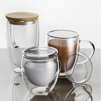 LANGXU tasse à café en verre à double paroi transparente avec couvercle en bois et poignée de différentes tailles Vente en gros